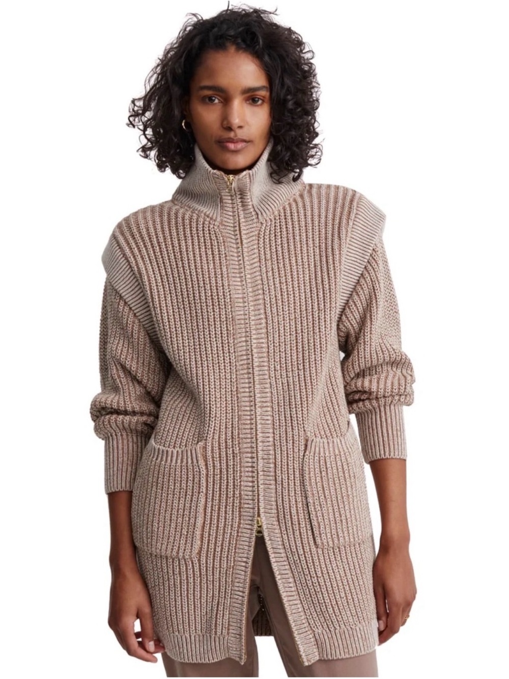 Varley Taupe Zip-Front Ribbed Cardigan